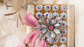 Vintage square brass compact embellished with rhinestones, ribbon, hand-painted brass stampings as heirloom keepsake