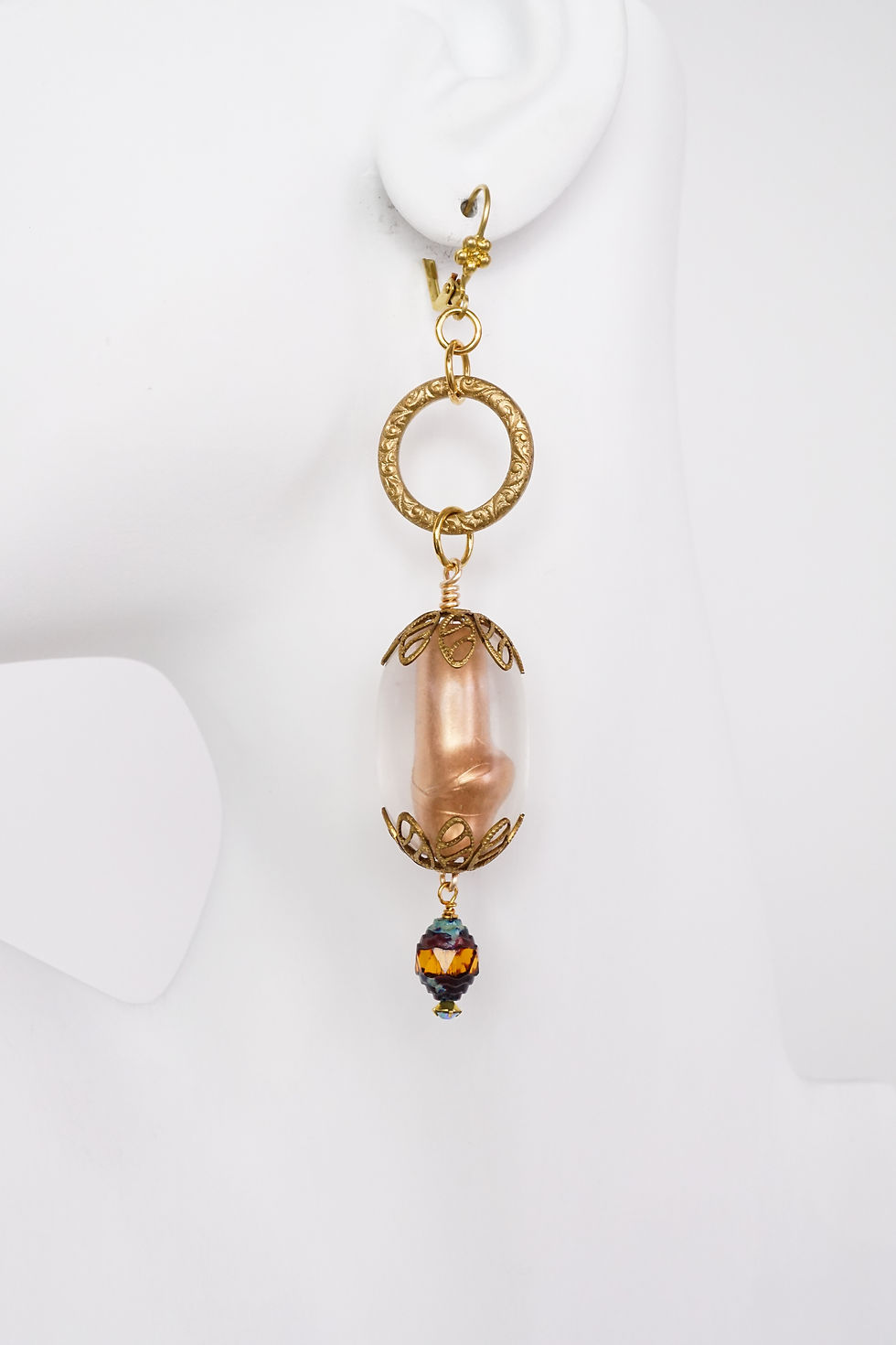 Thumbnail: Handmade Earrings Large Vintage Lucite Beads & Czech Glass Brass Accents Gold Amber Blue