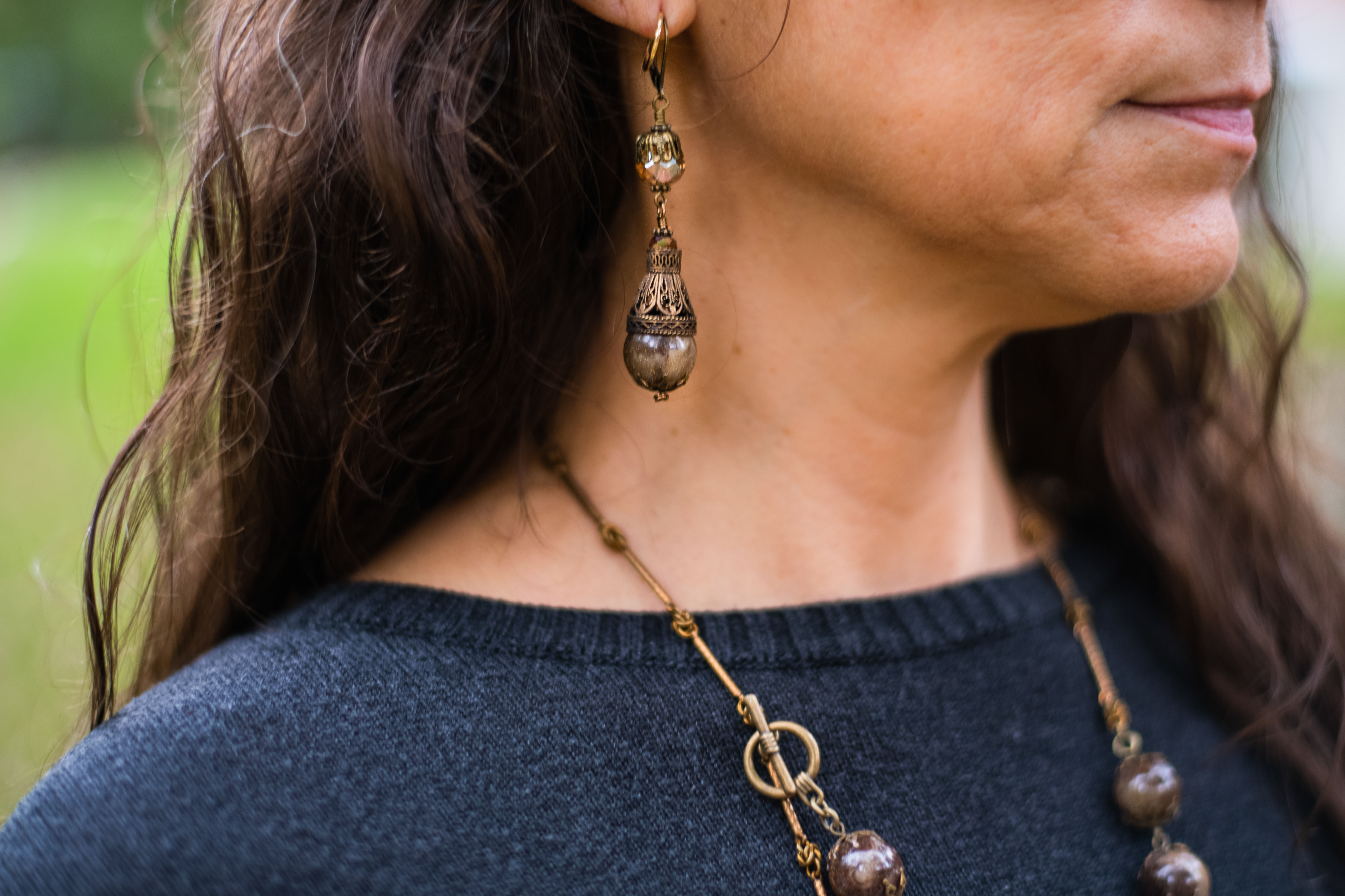 Handmade Earrings Vintage Lucite Beads Brass Filigree Brown Multi-Colors