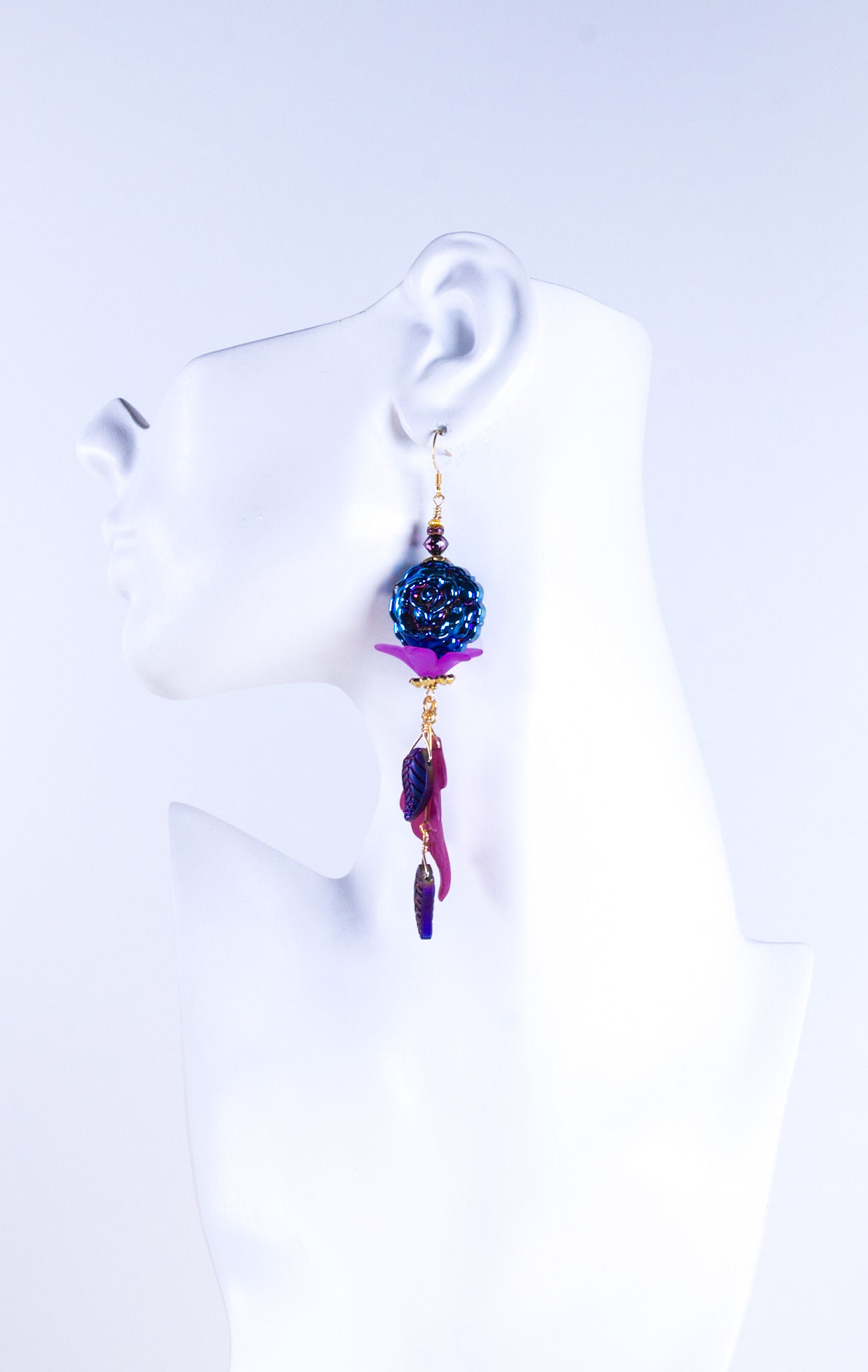 Floral Cascade Vintage Glass Rose and Lucite Leaf Earrings