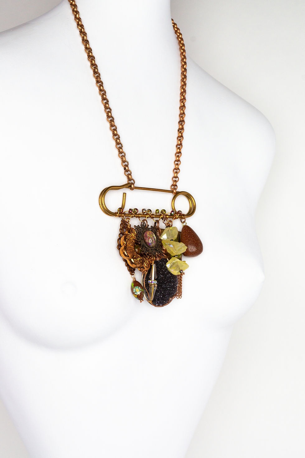Thumbnail: Over-the-Top Handmade Pins Pendants Assorted Vintage Charms Beads Gemstones Blue Red Yellow Grey Copper Color Options