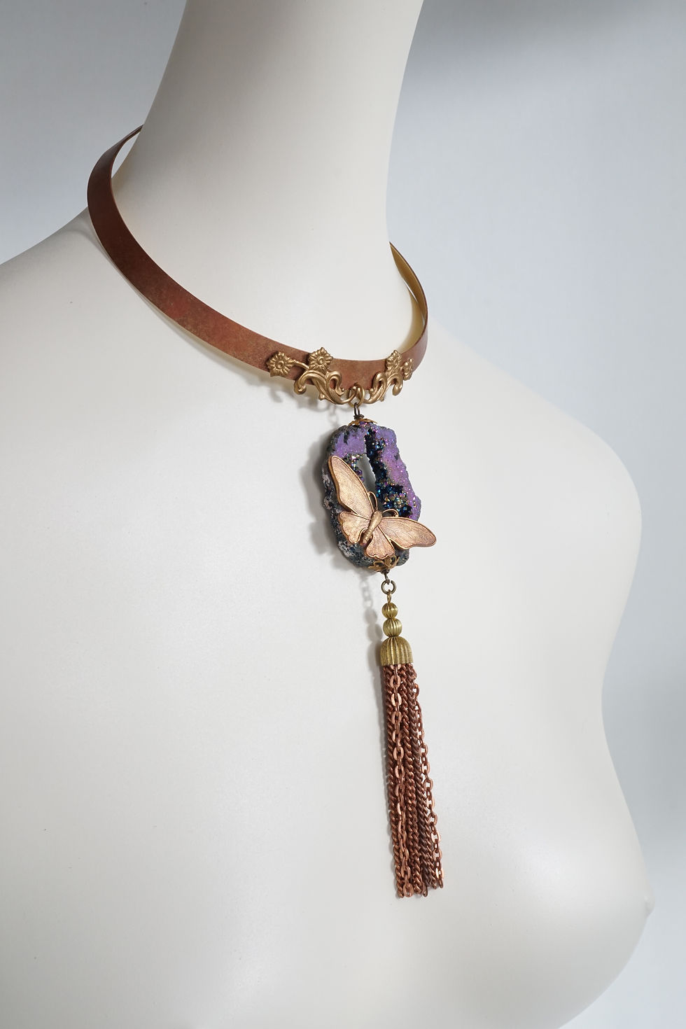 Thumbnail: Vintage-French-Gingerbread-Butterfly-Titanium-Agate-Geode-Druzy-Slab-Bead-Hand-Painted-Collar-Necklace