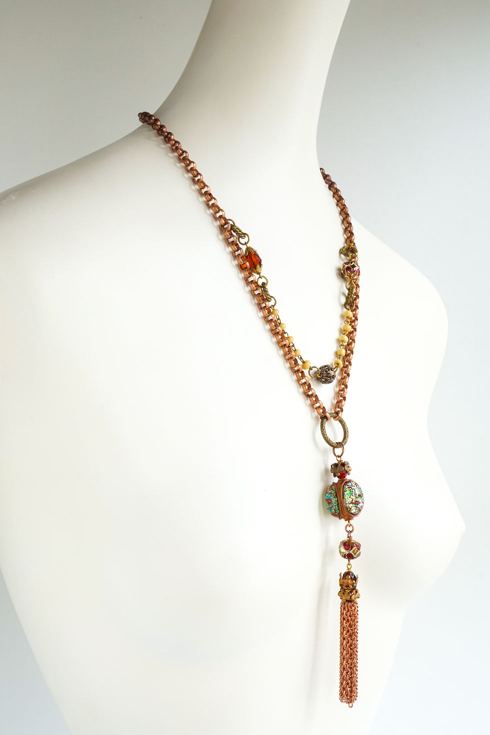 Thumbnail: Gypsy_Necklace_Fire-Opal_Tassel_Gingerbread_Pewter_Red_Brass_Beads