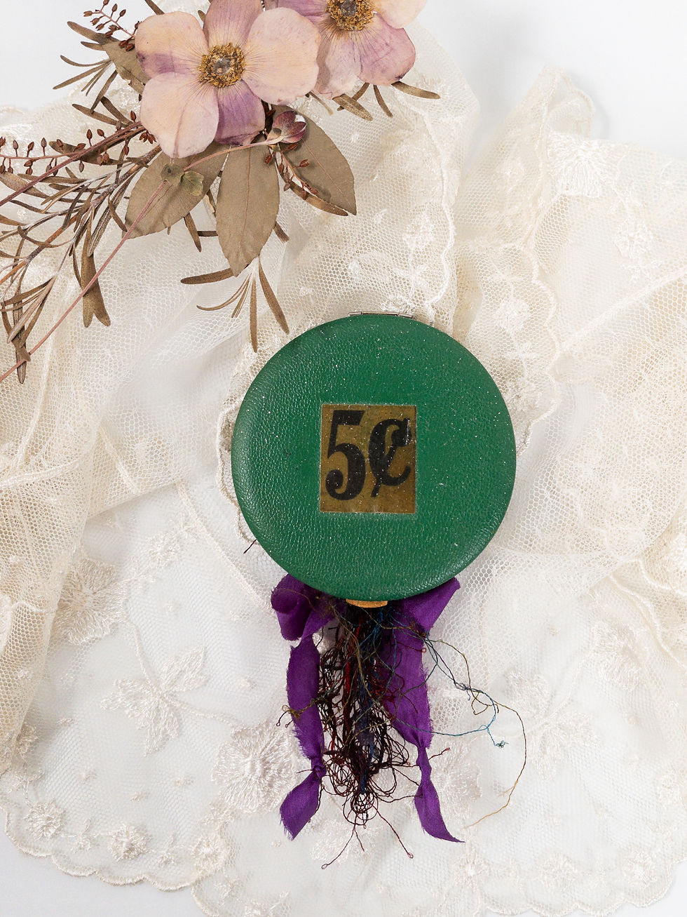 Thumbnail: Vintage round leather compact back view, 3-1/2", green-purple