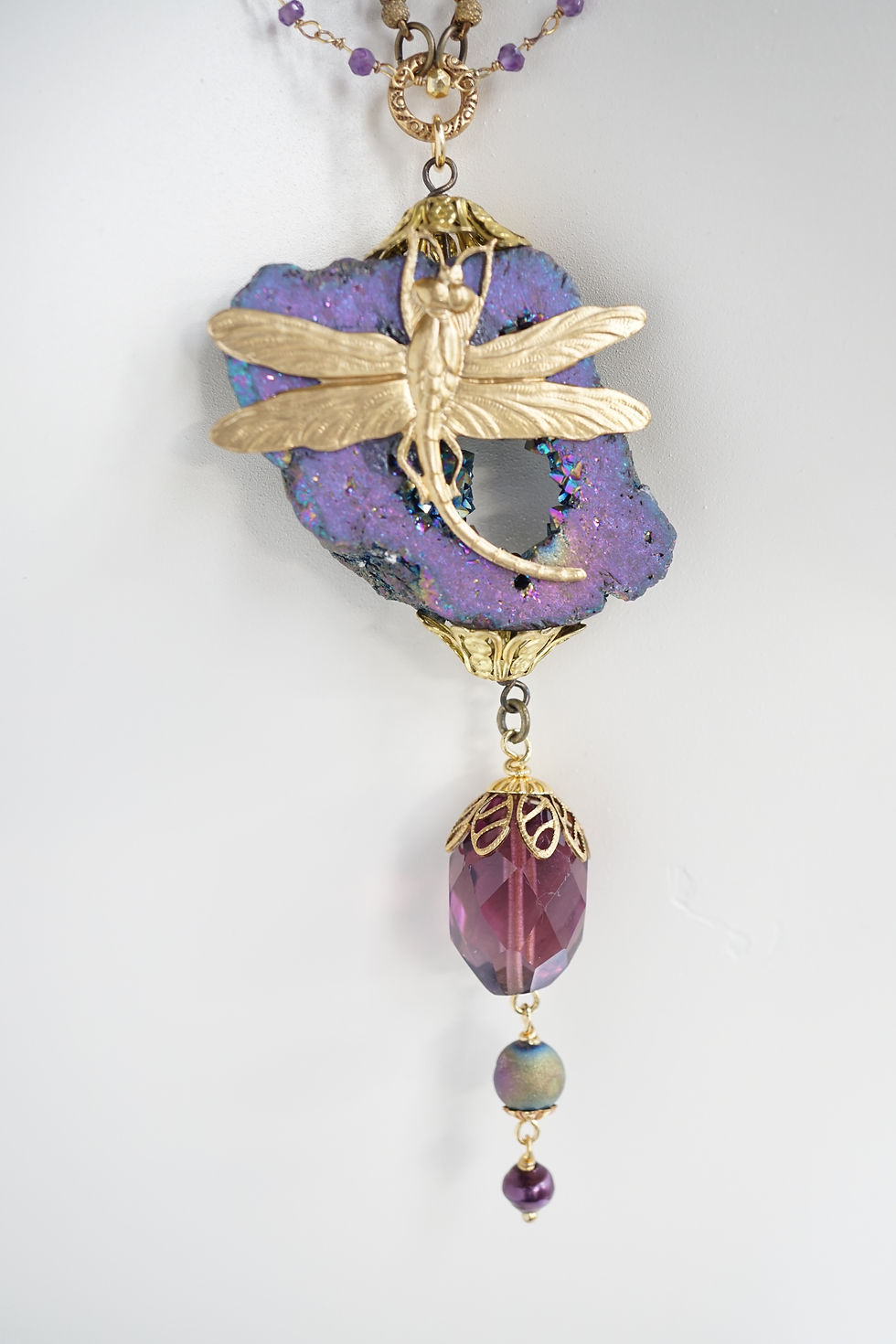 Thumbnail: Titanium-Agate-Geode-Druzy-Slab-Bead-Raw-Brass-Dragonfly-Focal