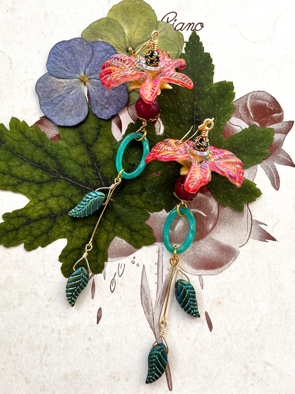 Thumbnail: Hand-painted floral chandelier earrings handmade vintage jewelry pink red green gold multi-colors