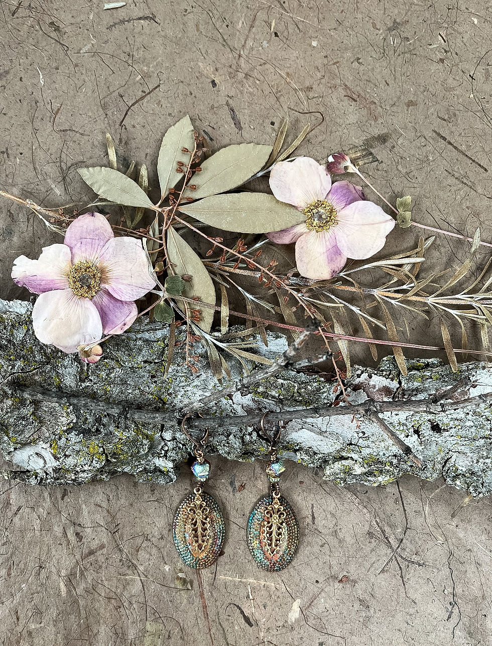 Thumbnail: Road Trip Artisan Patina Brass Patterned Oval Earrings