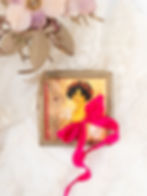 Vintage square brass compact front view embellished with image of young girl, lace, pearls, rhinestones, ribbon red-ivory, 3"