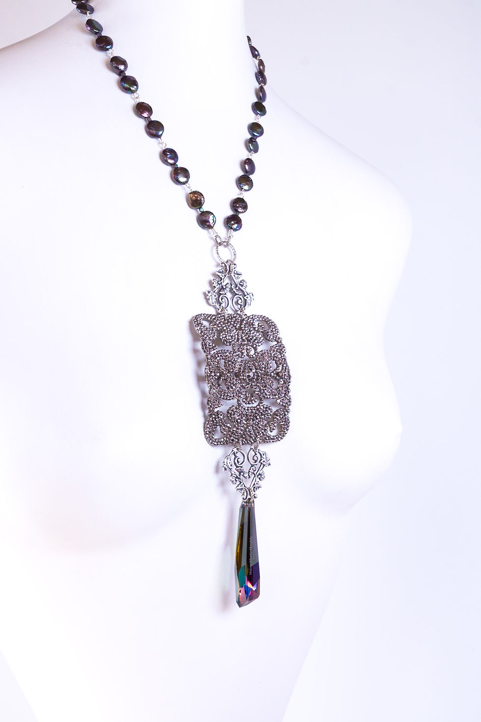 Thumbnail: Lost Diamonds Vintage Marcasite, Crystal Prism and Pearl Gemstone Necklace