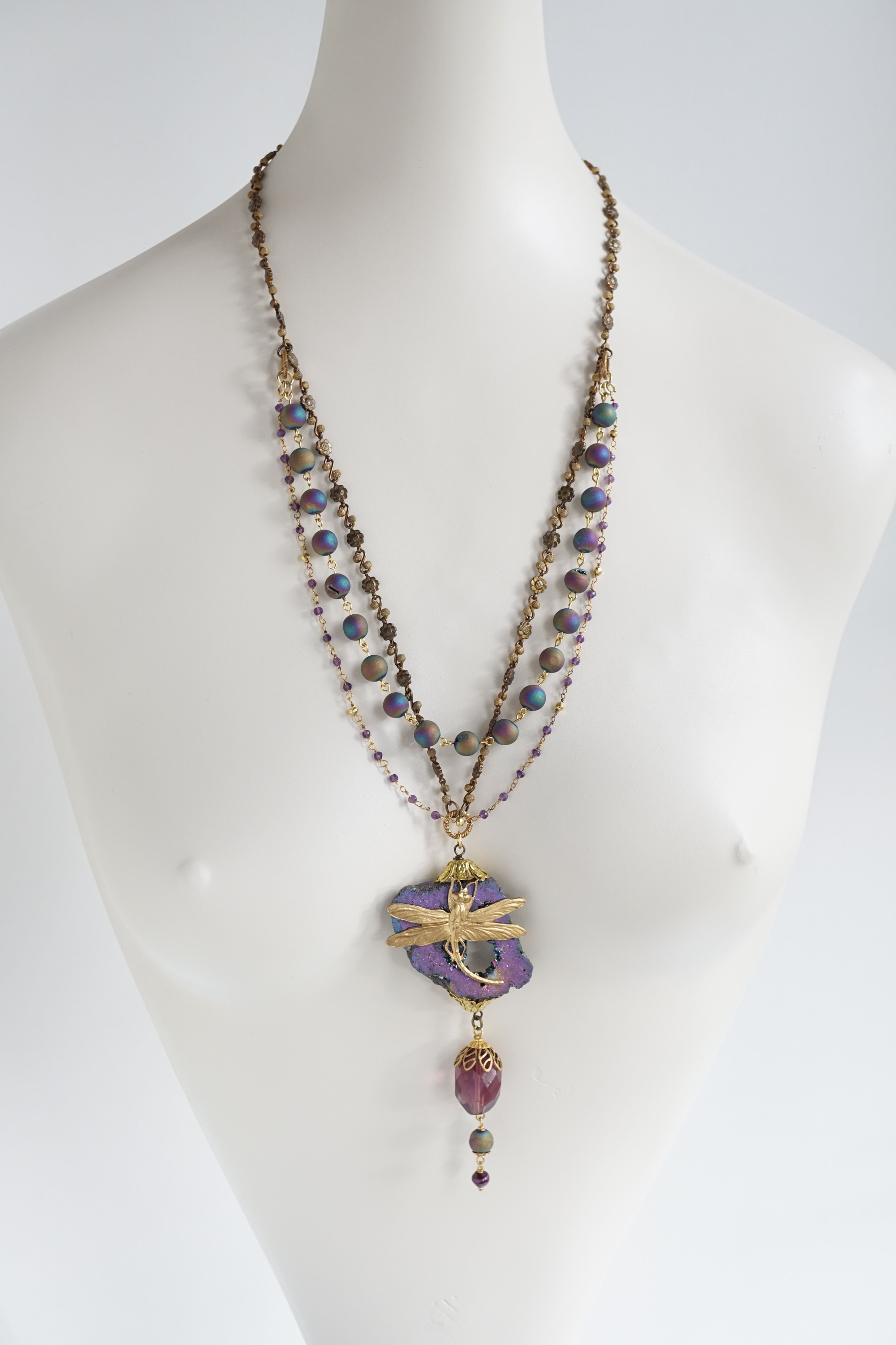 Titanium-Agate-Geode-Druzy-Slab-Bead-Brass-Dragonfly-Rainbow-Hand-Wired-Beaded-Chain-Necklace