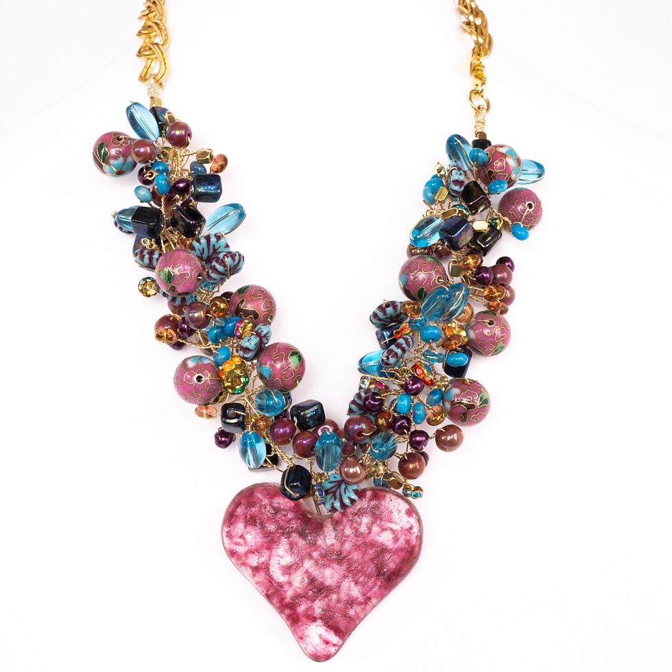 Thumbnail: Vintage_Heart_Art_Glass_Pendant_Cloisonne_Glass_Ceramic_Rhinestone_Metal_Red_Blue_Gold_Multi-Color
