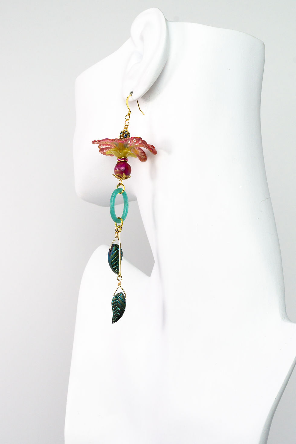 Thumbnail: Hand-painted floral chandelier earrings handmade vintage jewelry pink red green gold multi-colors