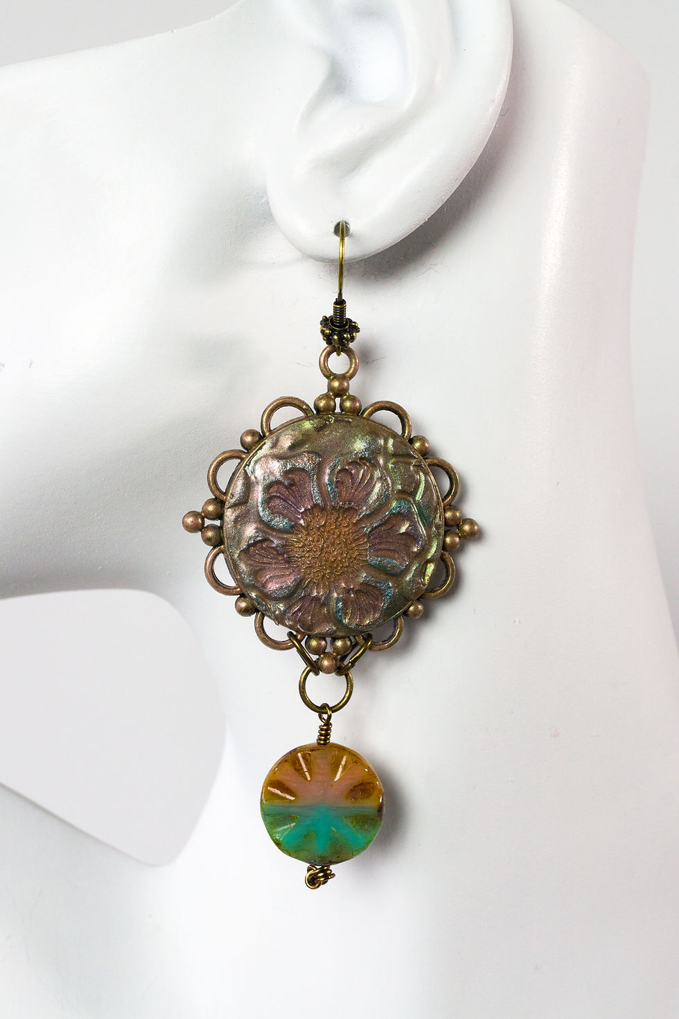 Thumbnail: Handmade_Floral_Cabochon_Earrings_Czech-Glass_Beads_Handpainted_Pink_Green_Blue_Multi