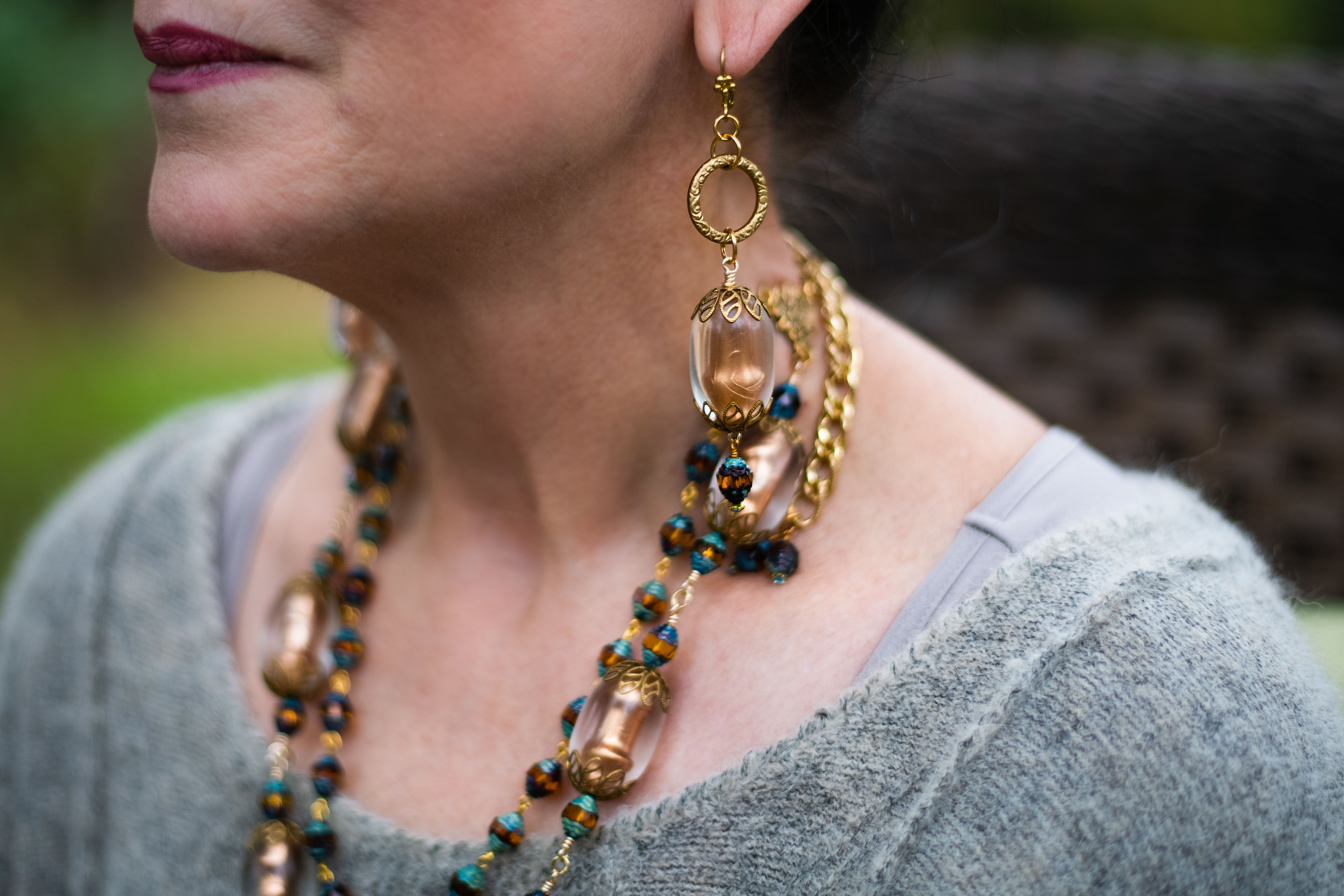 Handmade Earrings Large Vintage Lucite Beads & Czech Glass Brass Accents Gold Amber Blue