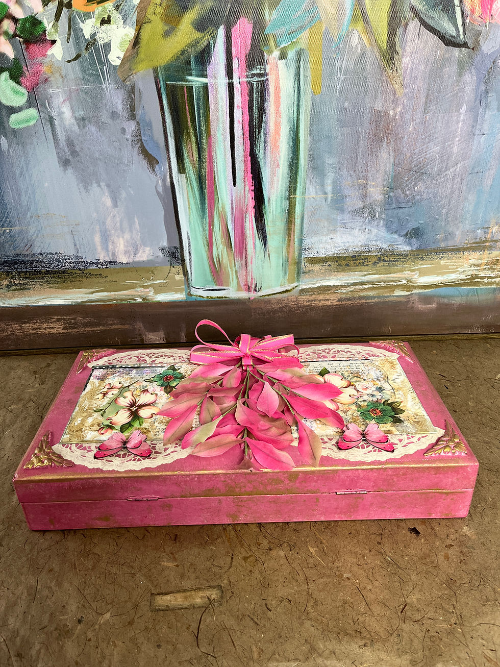 Thumbnail: Artisan Jewelry Box, Original Collage Art, Vintage-Inspired, Handmade Flourishes, Pink, Gold Multi, One-of-a-Kind