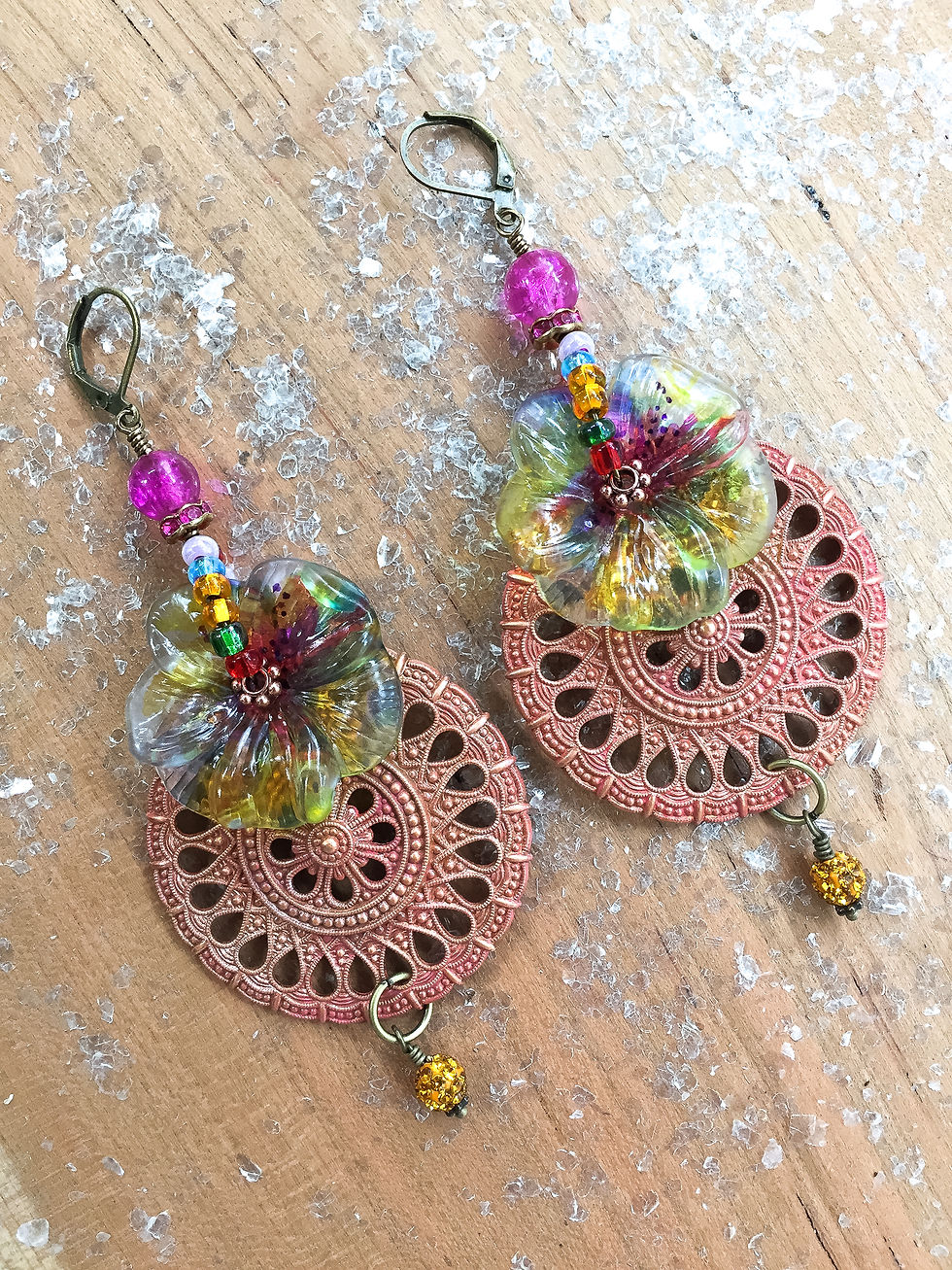 Thumbnail: Indian-Summer_Earrings_Vintage_Hand-Painted_Flowers_French-Stamping_Yellow_Red_Pink_Green_Copper_Multi-Colors