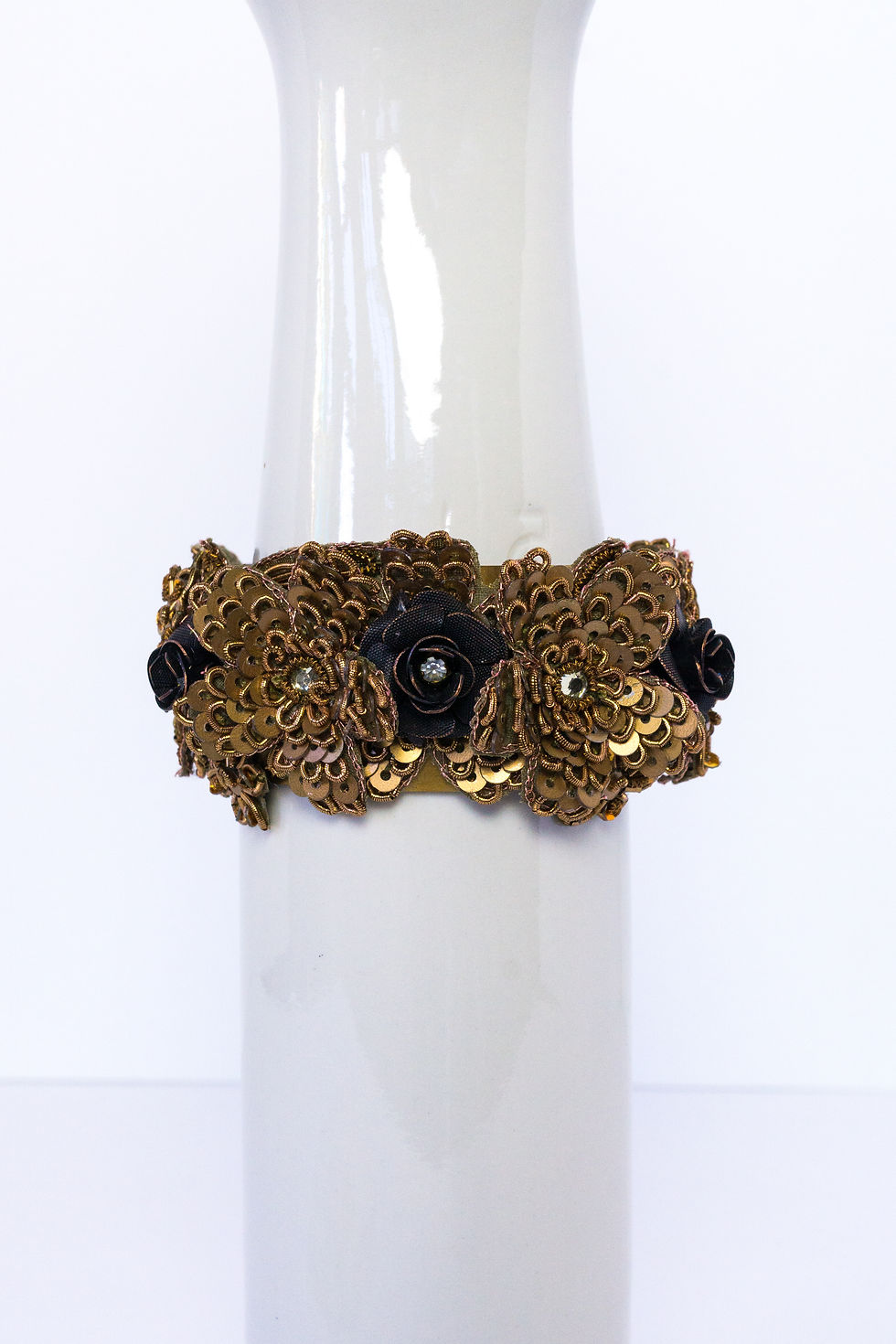Thumbnail: Vintage French Passementerie Floral-Motif Handmade Artisan Cuff Bracelet Brown Gold Multi-Colors
