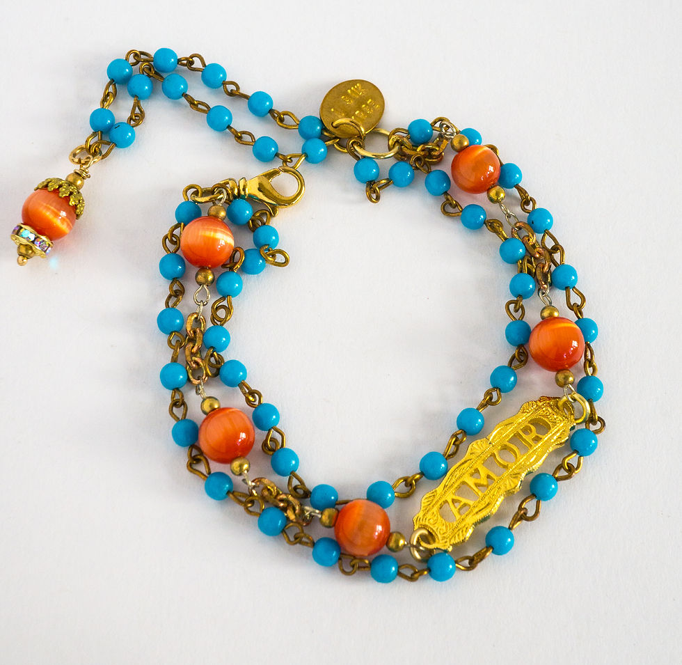 Thumbnail: Vintage-Amour-Orange-Blue-Beads-Gold-Pewter-Bracelet