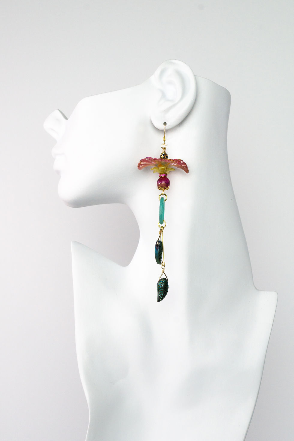 Thumbnail: Hand-painted floral chandelier earrings handmade vintage jewelry pink red green gold multi-colors