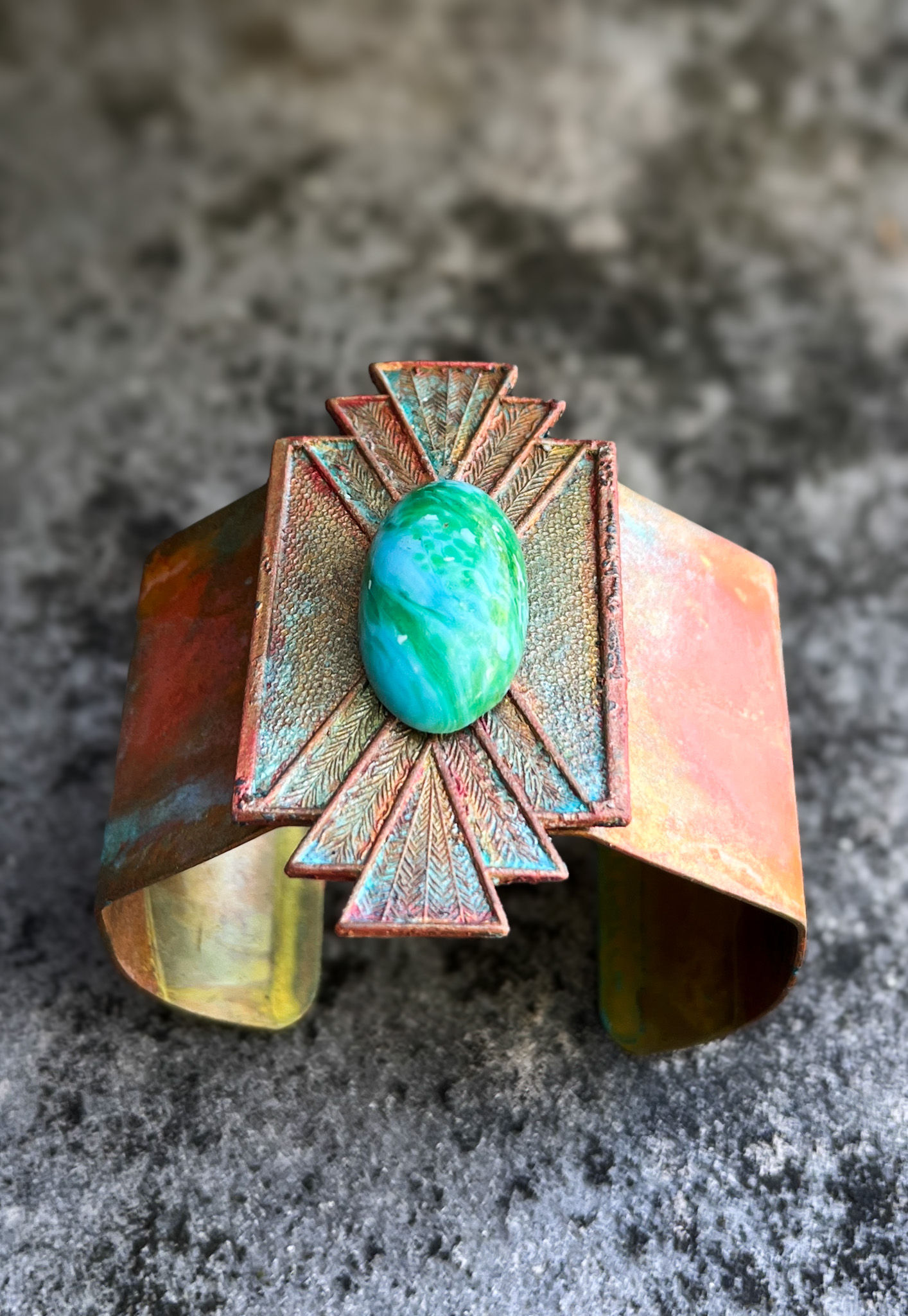 Southwest Sunset Artisan Patina Brass and Vintage Glass Cabochon Cuff Bracelet