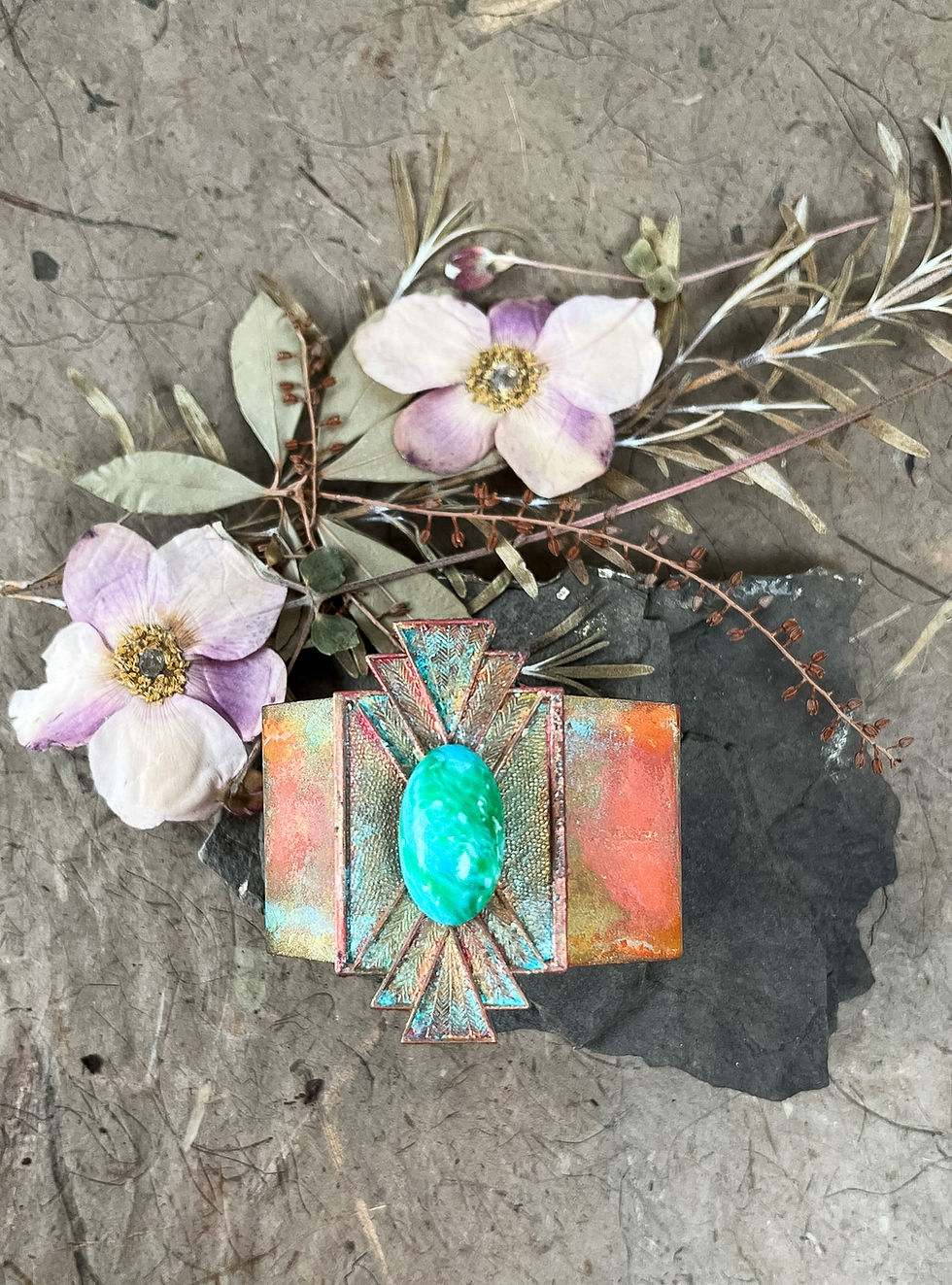 Thumbnail: Southwest Sunset Artisan Patina Brass and Vintage Glass Cabochon Cuff Bracelet
