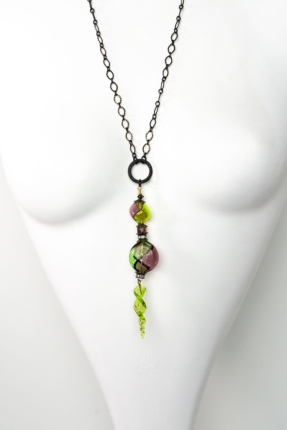 Thumbnail: Callie-Venetian Glass Bead Necklace-Old Stock-Vintage-Green-Purple-Black-Off Center Focal-Swirled Glass Drop-Black Accents