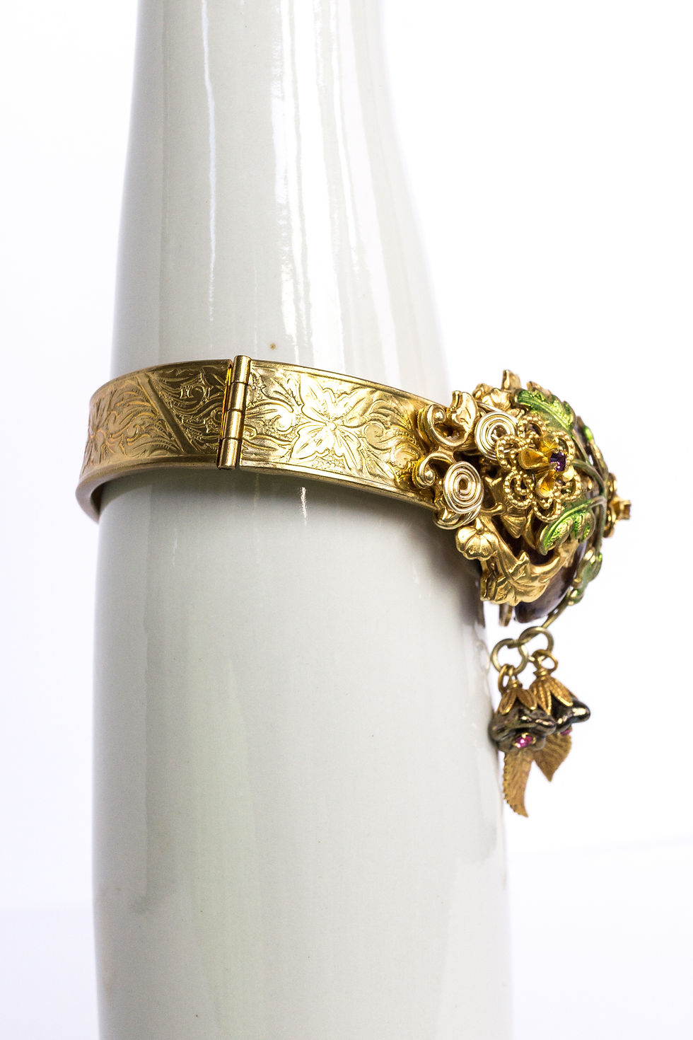 Thumbnail: Floral Motif Artisan Bracelet Vintage Lucite Cabochon Focal Hand-Painted Brass Filigree Purple Gold Green Multi-Colors