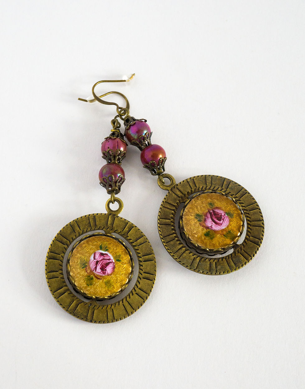Thumbnail: Guilloche-Floral-Enamel-Spinner-Brass-Gold-Brown-Rose-Green-Earrings