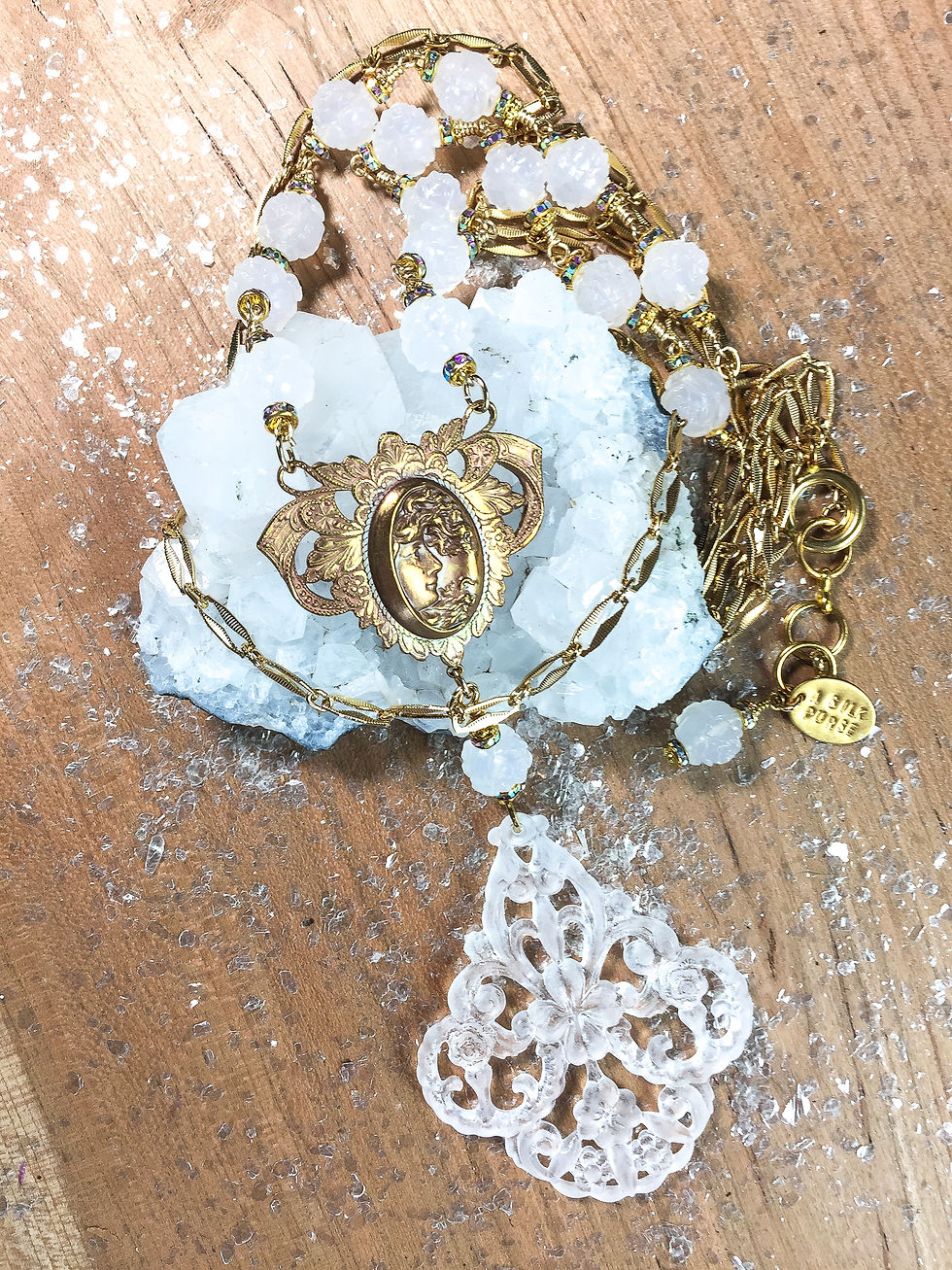 Flourish_Necklace_Handmade_Vintage_Clear-White_Lucite_Pendant_Rhinestone_Gold_Cameo_Chain