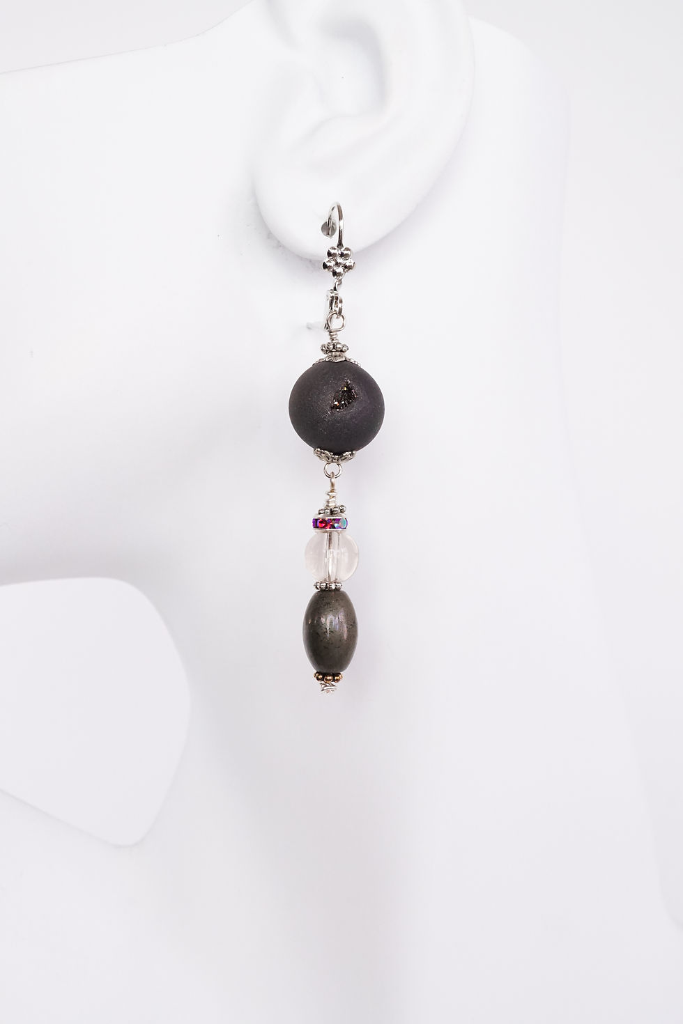 Thumbnail: Vintage_Pyrite_Glass_Crystal_Rhinestones_Earrings_Grey_Black_Pink_Silver