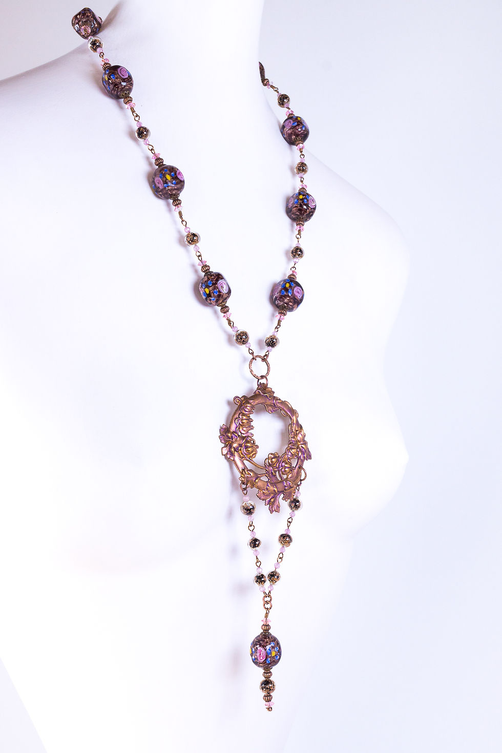 Thumbnail: Vintage lampwork and floral stamping focal statement necklace side left view purple-pink-gold
