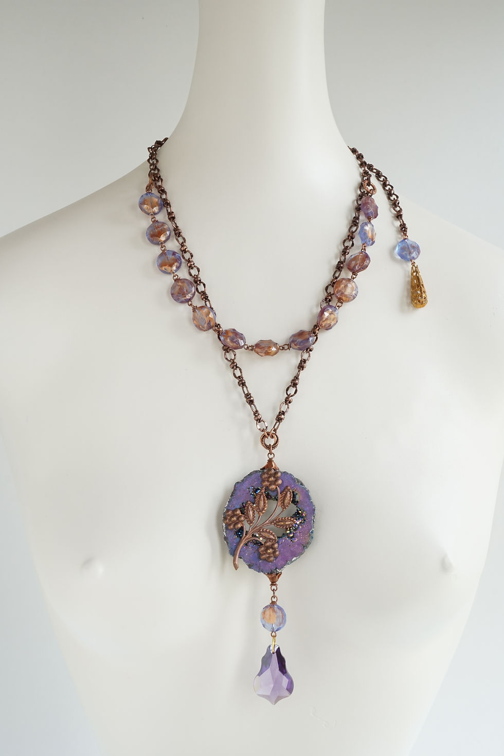 Thumbnail: Titanium-Agate-Geode-Druzy-Slab-Vintage-French-Gingerbread-Stamping-Swarovski-Crystal-Teardrop-Pendant-Handmade-Necklace