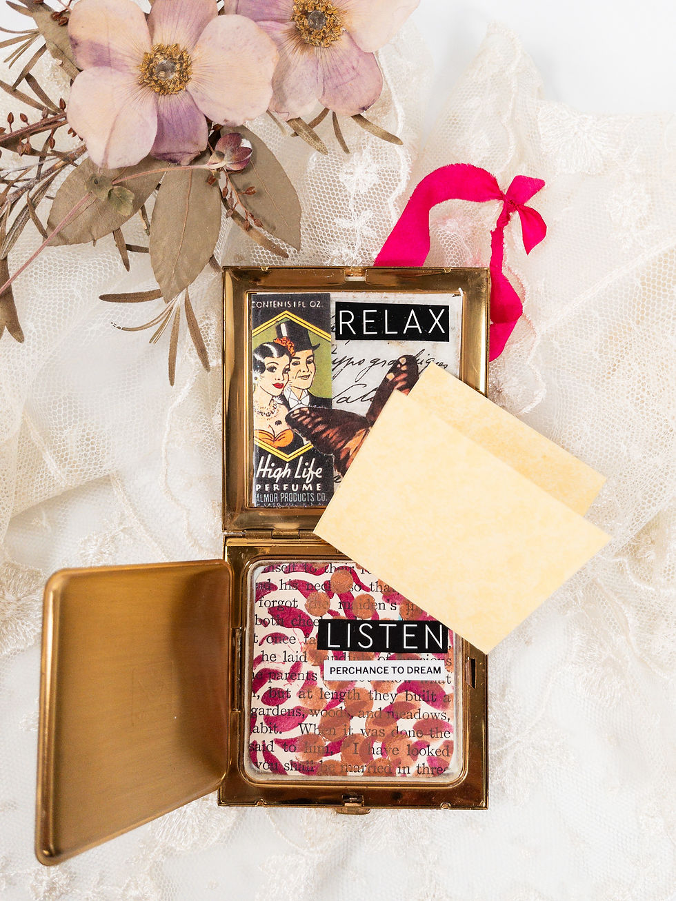 Thumbnail: Vintage square brass compact inside view showing paper, words "Listen" "Perchance to dream", vintage blank note paper