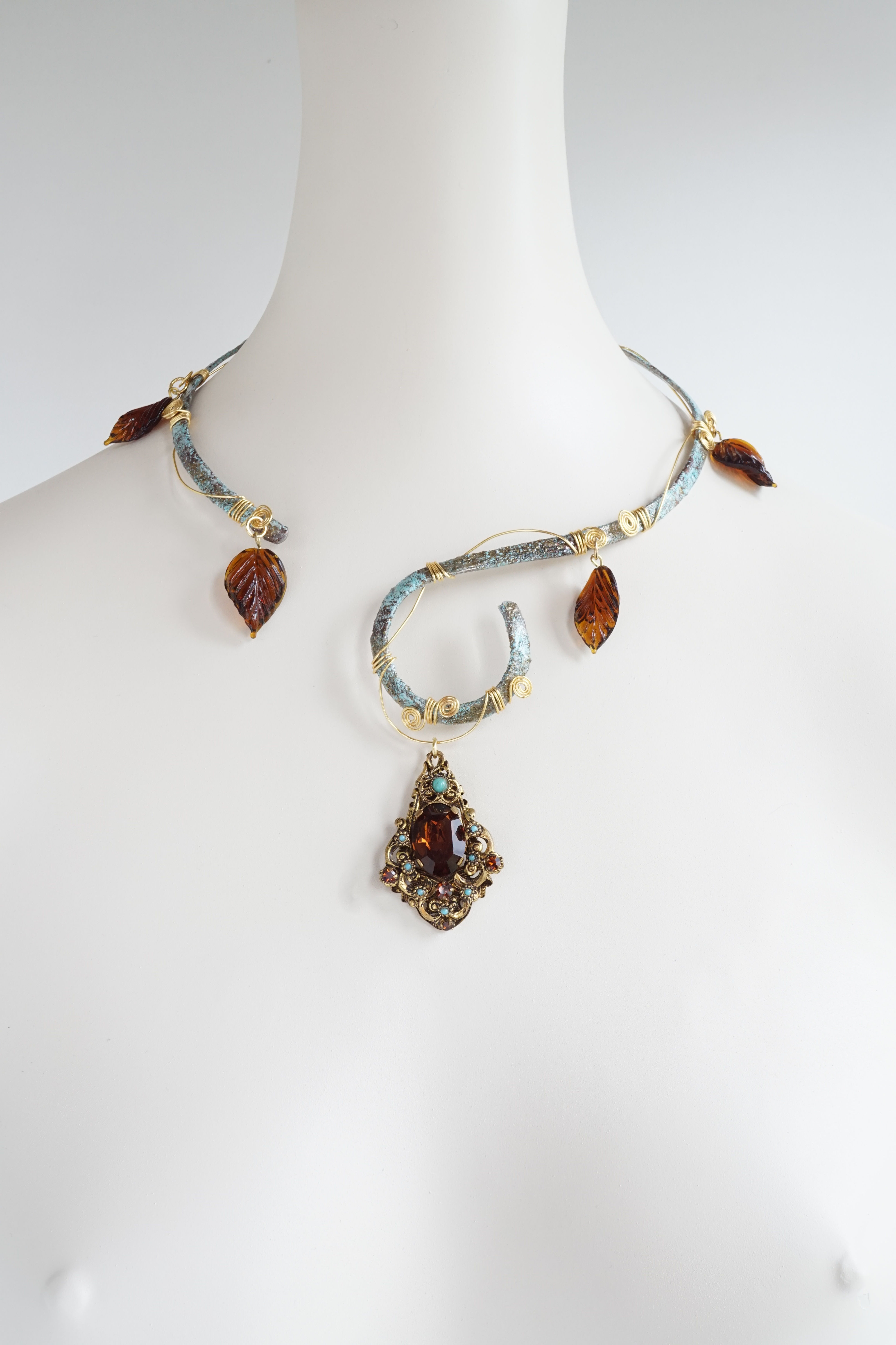 Turquoise-Bronze-Enamel-Vintage-Bead-Pendant-Statement-Collar-Necklace