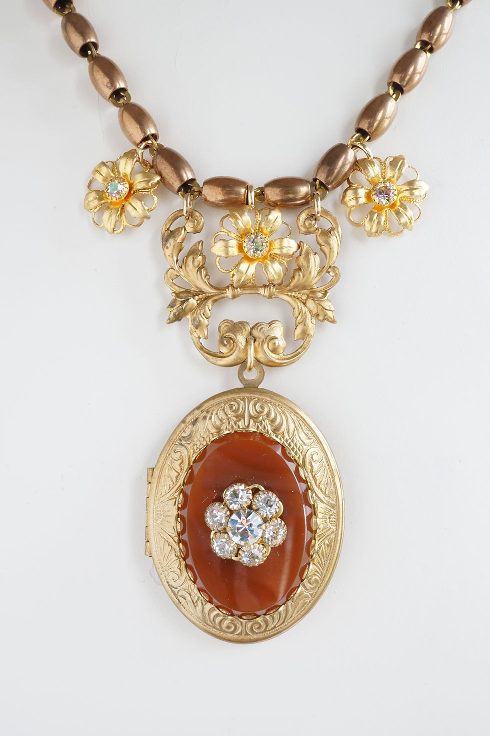 Thumbnail: Vintage-Locket-Floral-Rhinestone-Czech-Caramel-Beveled-Glass-Cabochon-Brass-Filigree-Necklace