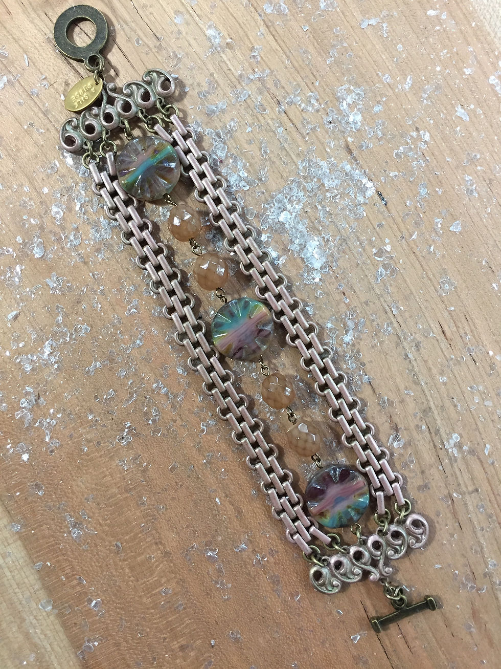 Thumbnail: Handmade Artisan Multi-Strand Bracelet Vintage Beads Chain Czech Glass Beads Beige Rose Pink Brown Multi-Colors