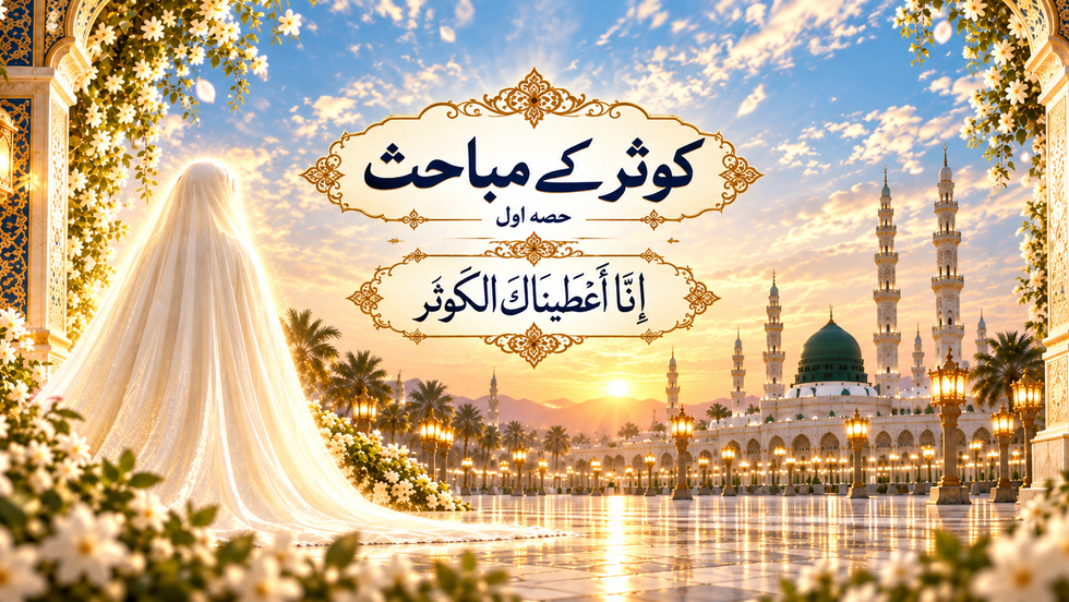 کوثر کے مباحث – حصہ اول کے عنوان کے ساتھ روحانی منظر، حضرت فاطمہ الزہراء سلام اللہ علیہا کی نورانی علامتی تصویر، مسجد نبوی کا پس منظر، اور آیت «إِنَّا أَعْطَيْنَاكَ الْكَوْثَرَ».