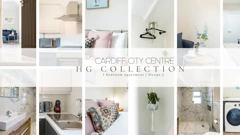 A collage showcasing the interior of an HG collection property in Cardiff. The images feature a clean white color theme throughout, with modern furnishings and minimalist decor.