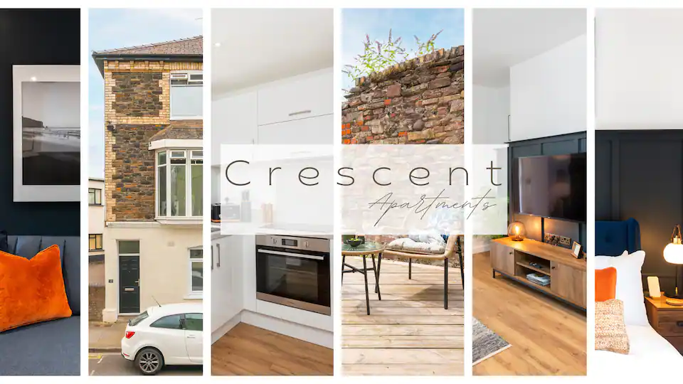 A collage of images showcasing the Newport Crescent apartment, highlighting its modern design and amenities