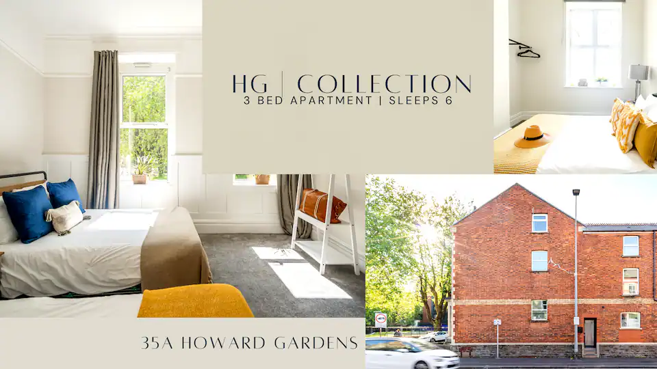 HG collection property in Cardiff. The collage highlights the modern exterior and the inviting bedroom interior.