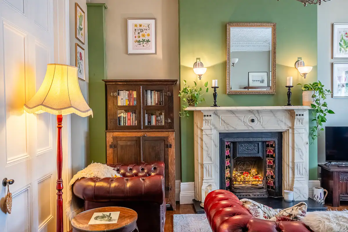 Luxurious living room in a Regency apartment on Cardiff's Cathedral Road, featuring plush furniture and elegant decor