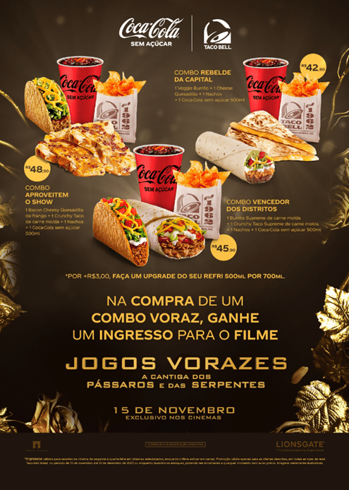 Taco Bell lança três combos exclusivos com Coca-Cola sem açúcar e ingressos para novo Jogos Vorazes