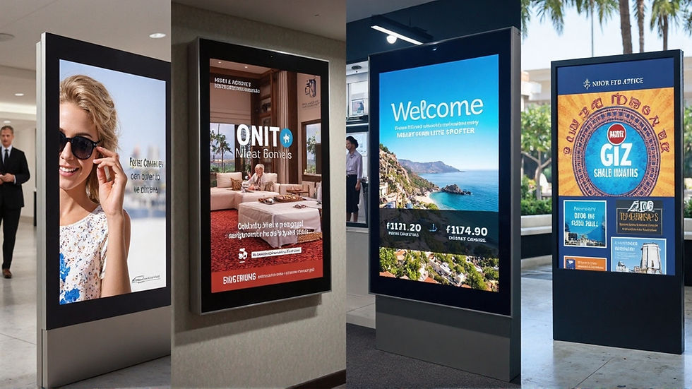 A collage or photo series showing digital signage in different industries — retail, hospitality, transportation, and corporate offices