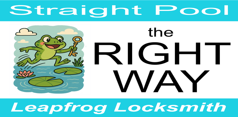 A cartoon frog holding a key and the text "Leapfrog Locksmith" and "Straight Pool the Right Way"