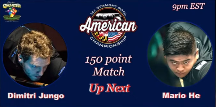 Match promotion Jungo vs He 150 point Straight Pool Match