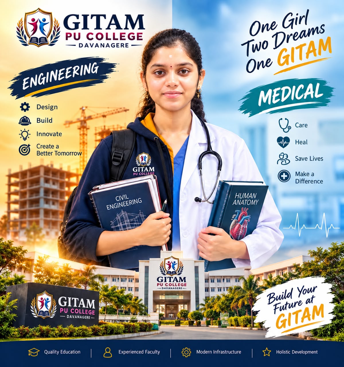 GITAM PU College promotional poster: One Girl, Two Dreams, One GITAM. Engineering and medical aspirations.