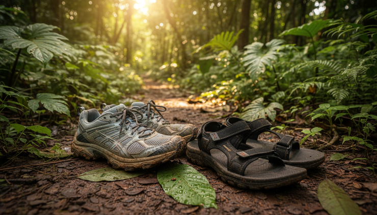 Close-up of trail shoes and sport sandals beside a muddy rainforest path