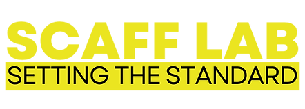 Yellow text on black background reading 'SCAFF LAB SETTING THE STANDARD,' emphasizing the company's commitment to excellence