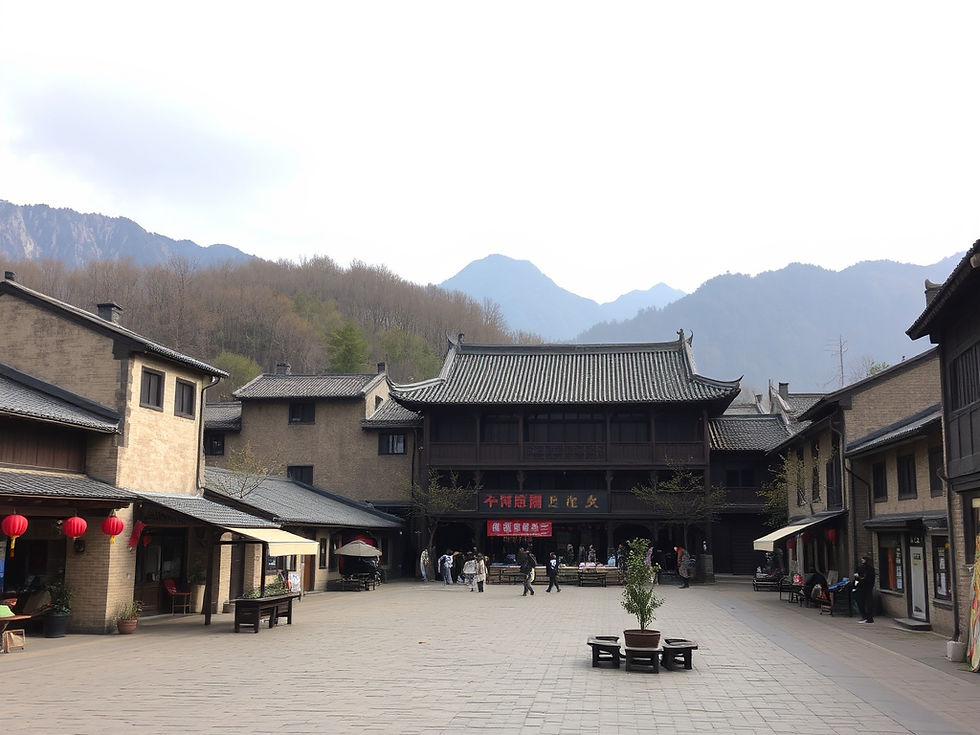 Shaxi Ancient Town — stone‑paved market square, wooden theater building, and mountains ris
