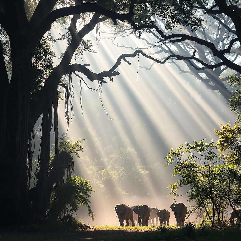 Mist hanging between giant trees, vines like thick ropes, sunlight filtering through the c